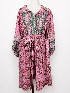 Sue Sartor Pink Floral Belted Shirt Dress Block Print Balloon Sleeve Boho Large